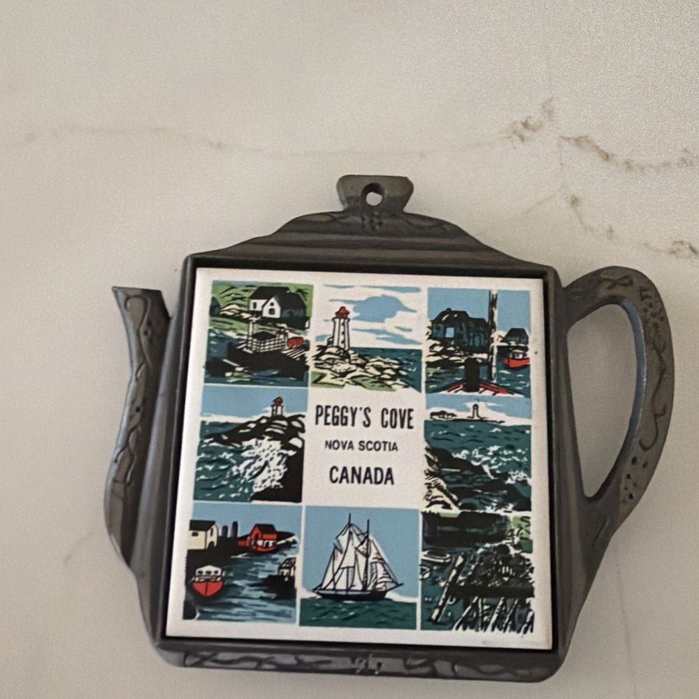 Vintage Peggy's Cove Nova Scotia trivet cast iron & tile hot pad wall decor 80s